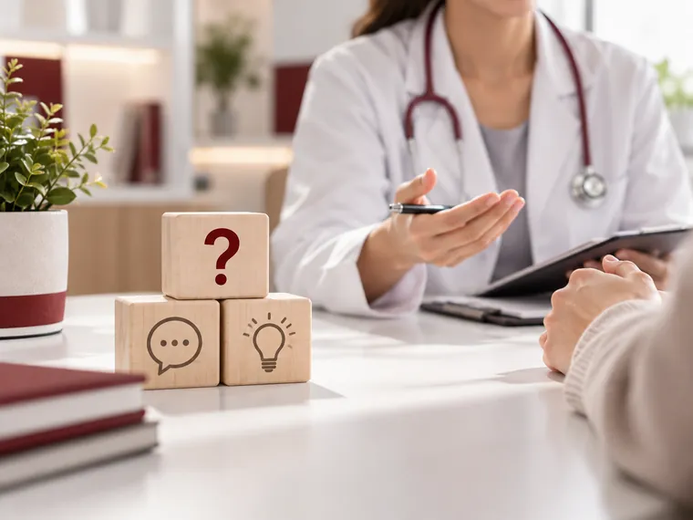 Blocos com símbolos de pergunta e diálogo em uma consulta médica