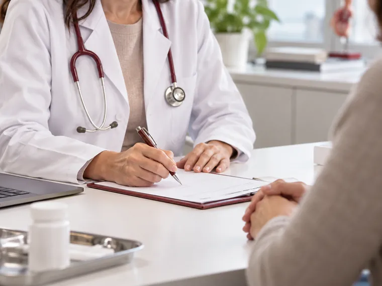 Médica preenchendo documentação durante uma consulta