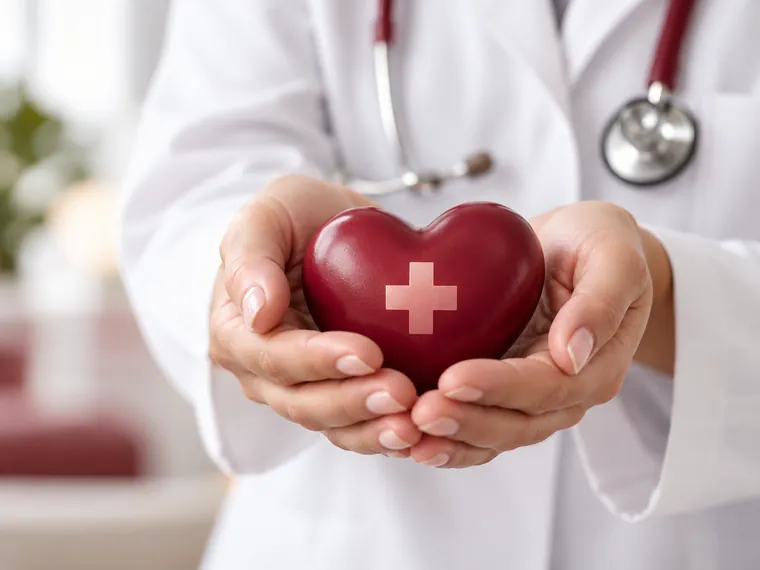 Mãos de profissional de saúde seguram coração bordô com símbolo médico
