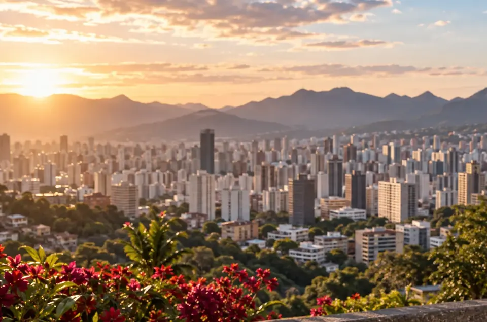 Paisagem urbana ilustrativa de Minas Gerais com montanhas ao horizonte